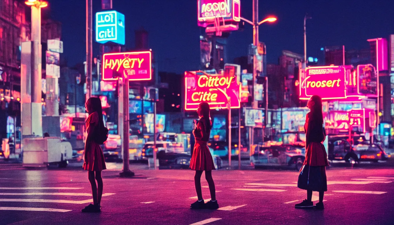 Image similar to 90s neon movie still city at night. school girl stands in the middle of a crosswalk. She is looking up at an advertisement. hyperrealistic, high definition, medium format photography, highly detailed, technicolor, anamorphic 50mm lens