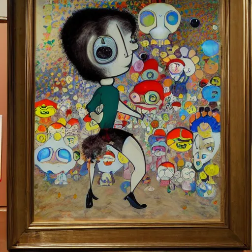 Prompt: an oil painting by Gary Baseman and Egon Schiele and Takashi Murakami