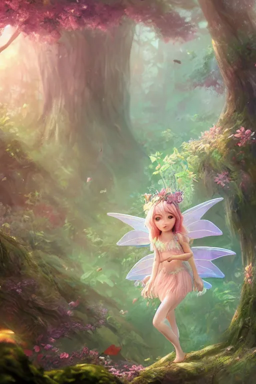 Image similar to a cute and geogerous fairy in the dreamy forest, fantasy, dreamlike, 8 k resolution, hyper detailed, d & d, character design, digital painting, trending on artstation, sharp focus, illustration, art by viktoria gavrilenko, hoang lap, fuji choko, steve zheng,