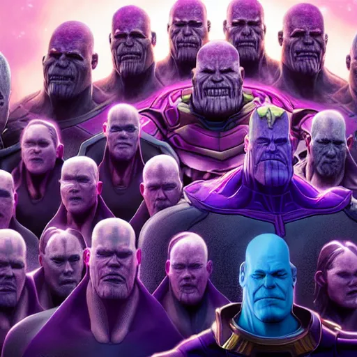Prompt: thanos with his 12 children, digital art, beautiful octane lighting, hyperrealistic, photo realistic, trending on artstationhq and cgsociety, excellent composition