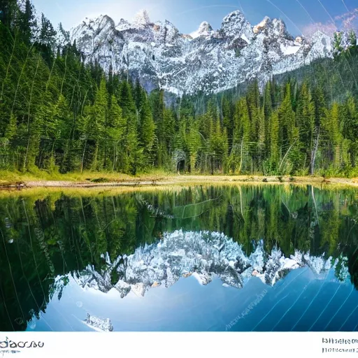 Image similar to a lovely forest, on an island in the middle of a magnificent lake with a mirror reflection of the forest, snow capped mountains in the backdrop, wide angle, high definition.