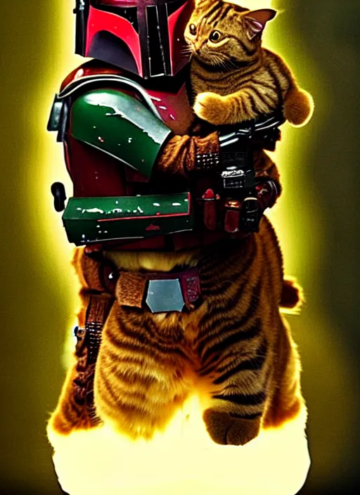 Image similar to boba fett holding a fat ginger cat in his arms, star wars, beautiful glowing lights, sci - fi, stunning, intricate, elegant. highly detailed, film still.