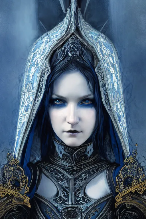 Image similar to beautiful luxury and gothic and victorian and evil medieval female blue & white color armor knight portrait+smoky eyes+light flowing hair, in ruin gothic cathedral, ultradetail face, art and illustration by tian zi and craig mullins and WLOP and alphonse mucha, fantasy, intricate complexity, human structure, fantasy world concept, watermark, blurry, hyperrealism 8k