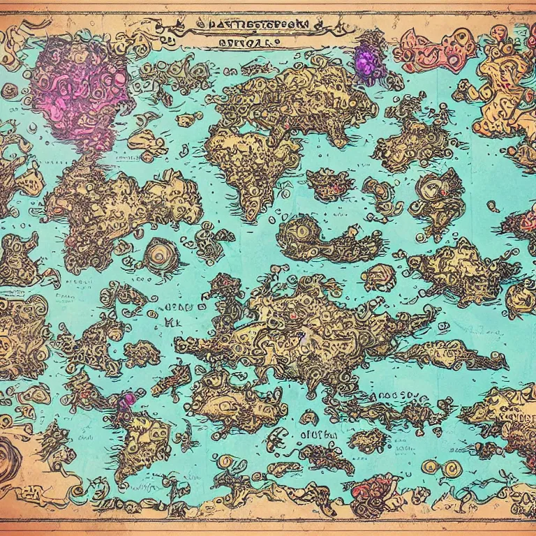 Prompt: imaginary map of different realms, map of fantacy world, different realms, mobile game art, blueprint, infographic, vintage theme, on paper, realms with different colors, with notes, highly detailed, hyper realistic