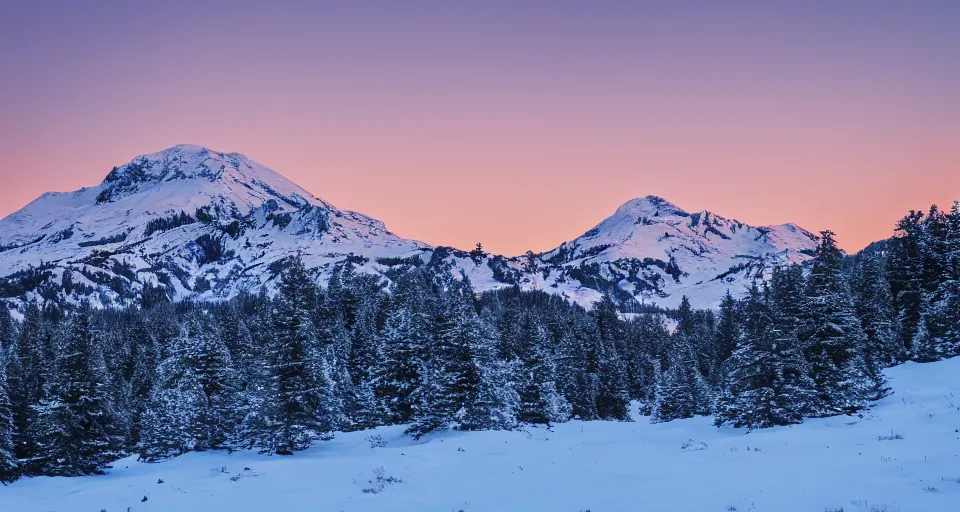 Image similar to professional photo of a snow topped mountain lit by the sunset