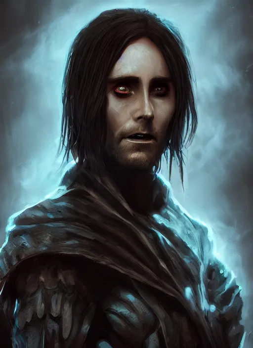 Image similar to A fantasy comic book style portrait painting of Jared Leto as a vampire race in a atmospheric dark fortress, unreal 5, DAZ, hyperrealistic, octane render, RPG portrait, ambient light, dynamic lighting