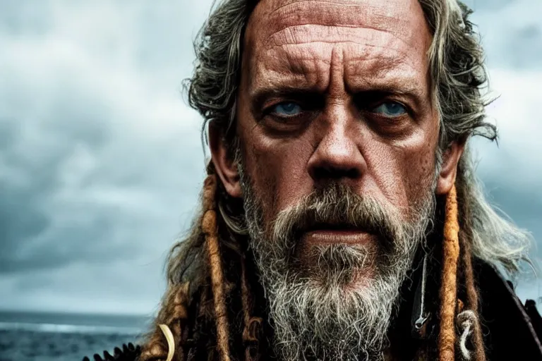 Image similar to promotional image of hugh laurie as a gritty pirate captain in the new Pirate of the Carribean movie, dark stormy weather, detailed face, movie still frame, promotional image, imax 70 mm footage