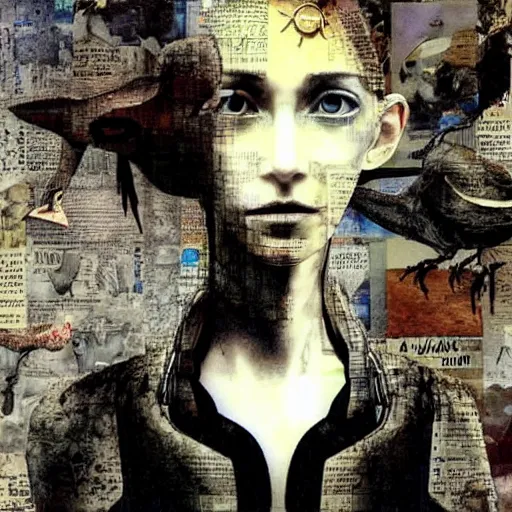 Prompt: a naive woman with a memory that survives the reset of the world, and a small robot bird on her shoulder, collage artwork by dave mckean and yoshitaka amano