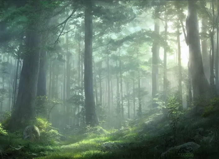 Prompt: A painting of a forest with lots of trees, a matte painting by Makoto Shinkai, Deviantart, fantasy art, matte painting, official art, Cryengine