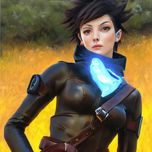 Image similar to oil painting of tracer overwatch in a field wearing very large black leather belt choker collar around neck, in style of mark arian, expressive face, very detailed face, very detailed eyes, belt around neck, full body, feminine face, tracer overwatch,