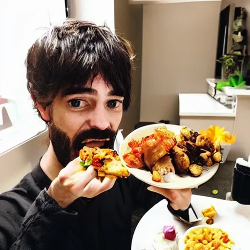 Image similar to “ twitch streamer eating food on his lunch break, award winning photography angle used to capture the savory moment, hyper realistic, LED lights in her room, room is made of 💩🇯🇵🅿️”