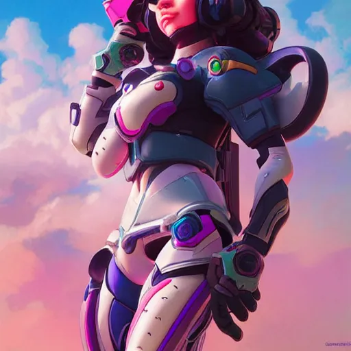 Image similar to d. va from overwatch, vaporwave, highly detailed, digital painting, artstation, concept art, smooth, sharp focus, illustration, art by artgerm and greg rutkowski and alphonse mucha