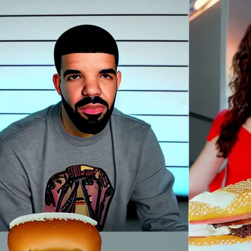 Prompt: rapper drake eating at burger king's fast food with bella hadid, photorealistic, dynamic light, ultra detailed