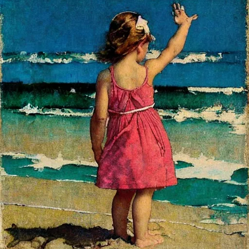 Prompt: “young girl at the beach by Norman Rockwell”