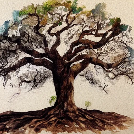 Prompt: an old oak, from root to leaves, trending on artstation, water color on canvas