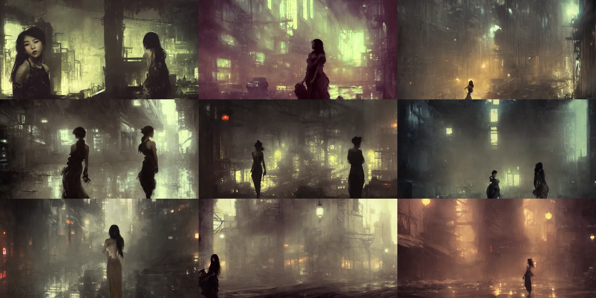 Prompt: a beautiful young asian woman in abandoned industrial city at night, dark moody lighting, by jeremy mann and alphonse mucha, dramatic lighting, ethereal, stunning, breathtaking, awe - inspiring award - winning, 8 k, trending on artstation