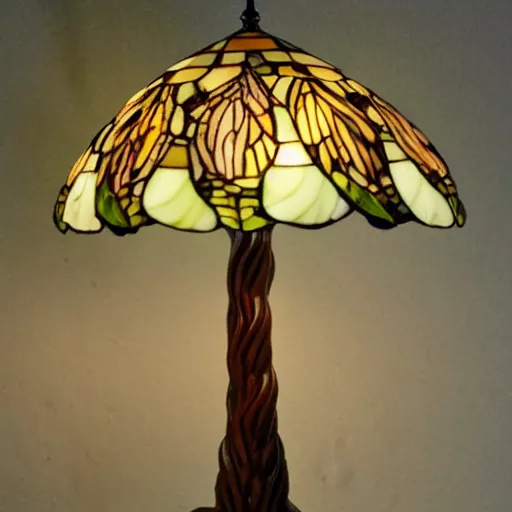 Image similar to beautifully detailed victorian art nouveau mushroom shaped tiffany lampshade, river reeds duckweeds close up abstract mallard feathers rubber leaves foliage, mucha tiffany kilian eng