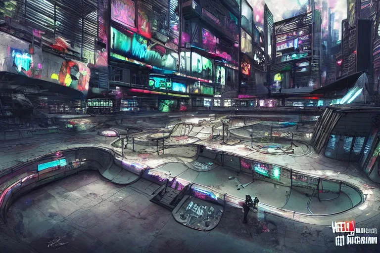 Prompt: cyberpunk skatepark set in a dystopian city, skateboards, digital art, highly detailed, 4 k