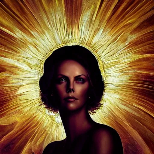 Prompt: “ seraphim deity charlize theron portrait, heavenly nebula space, atmospheric lighting, painted, intricate, volumetric lighting, beautiful, rich deep colours masterpiece, golden hour, sharp focus, ultra detailed, holographic art glowing soul emitting energy, by leesha hannigan, ross tran, thierry doizon, kai carpenter, ignacio fernandez rios ”