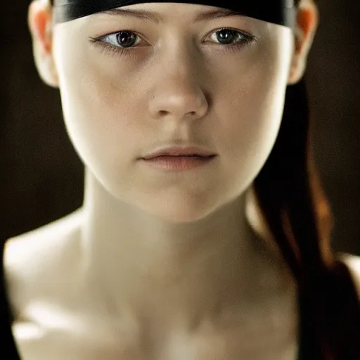 Image similar to a masterpiece portrait photo of a beautiful young woman who looks like an alien mary elizabeth winstead, wearing blindfold, symmetrical face