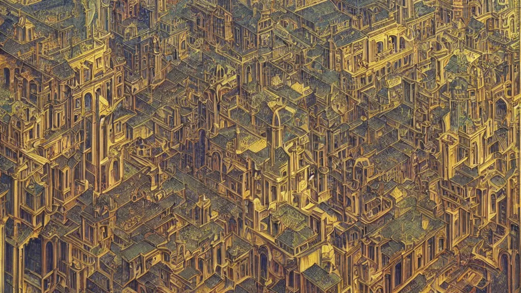 Prompt: baroque architecture, by Escher and Jean Delville, fractal, walled city of Kowloon, rich colour, ornate