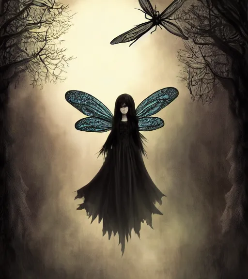 Image similar to gothic fairy with dragonfly wings, digital painting, liminal eerie midnight backlit, a picture taken by Michael Komarck and Daniel Ljunggren