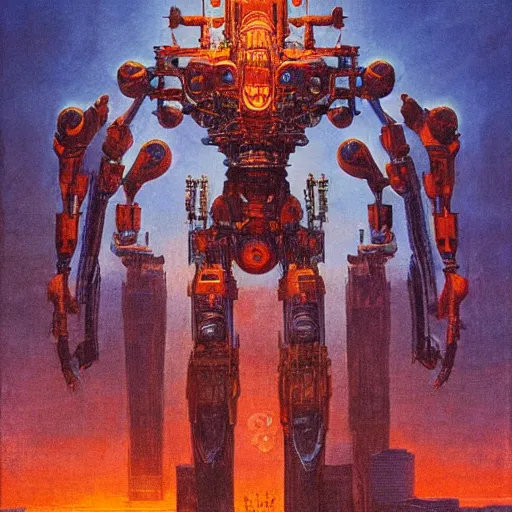 Image similar to giant mayan mecha with flaming eyes standing over city, perfectly clear face, by j. c. leyendecker and beksinski