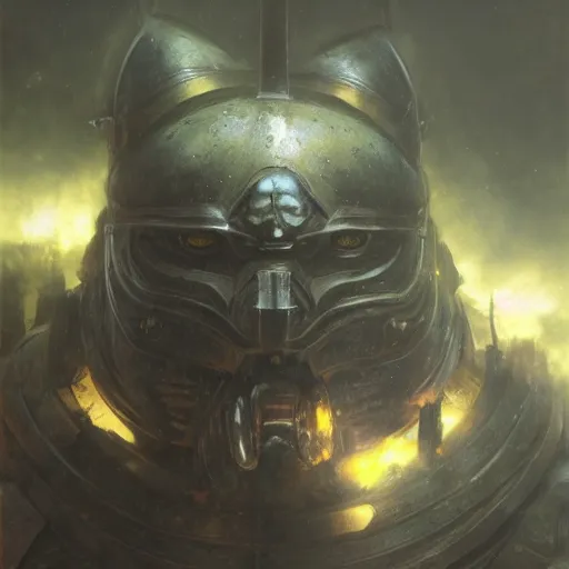 Image similar to warhammer 4 0 k god emperor armor, anthropomorphic shiba inu face visible, stuning 3 d render, masterpiece, glowing black aura, foggy dark, by donato giancola and greg rutkowski and wayne barlow and zdzisław beksinski, realistic face