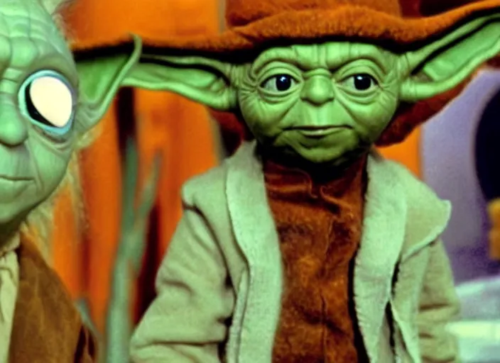 Prompt: a film still of yoda as an oompa loompa in willy wonka's and the chocolate factory ( 1 9 7 1 )