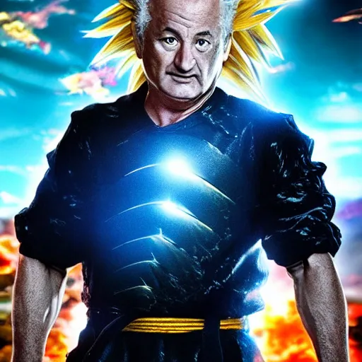 Image similar to live action hyper realistic highly detailed super saiyan Bill Murray powering up full body composition golden ratio anti-aliased bloom fx 8K octane render photo realistic directed by Michael Bay