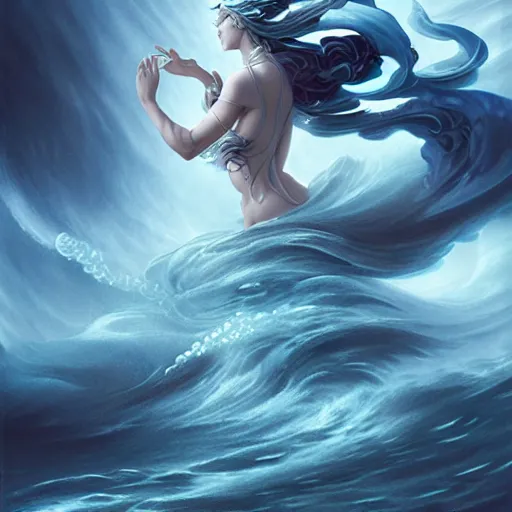 Image similar to fully clothed powerful goddess of water clothed in swirling water striding through a stormy sea, highly detailed matte fantasy painting, stormy lighting, by ross tran and artgerm and peter mohrbacher