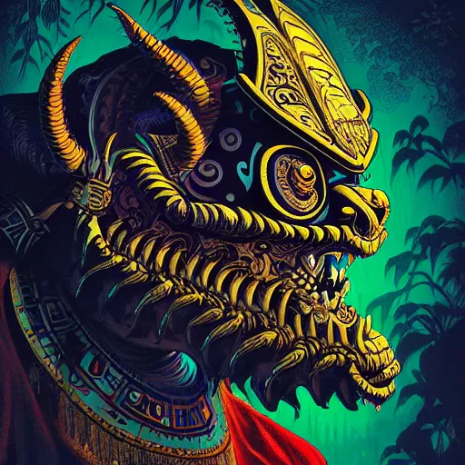 Image similar to side profile of barong family gargoyle, wiwek, mara demon, one single tribe member, jungle, one single mask, dark, tribal, inner glow, art by dan mumford and justin gerard