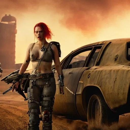 Image similar to Fury Road scarlett johansson after a bad mission in Cyberpunk 2077. CP2077. 3840 x 2160