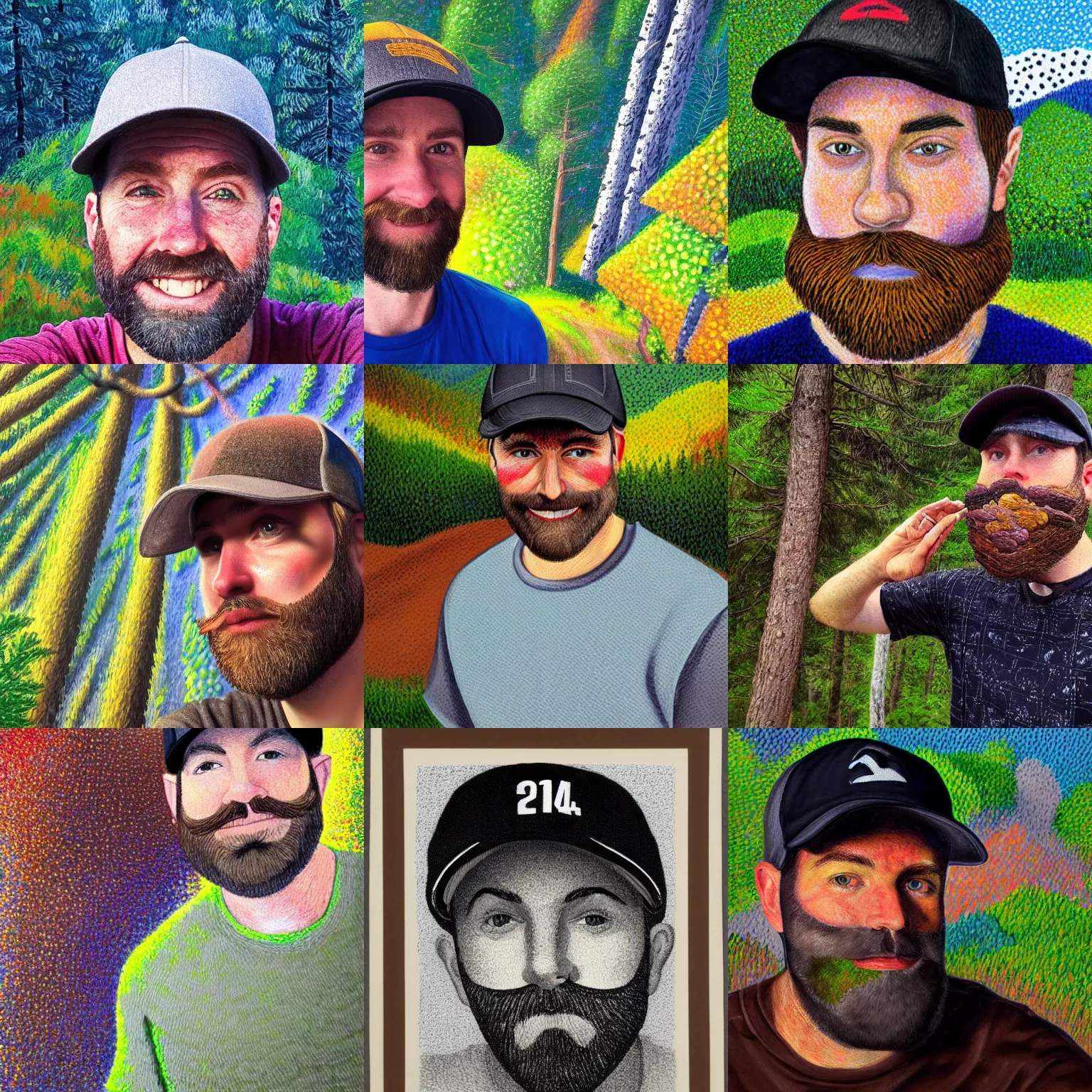 Prompt: colorful portrait of a white man with a black baseball cap, brown beard, and grey shirt on the summit of a forested mountain in the style of pointillism, abstract art, wide selfie