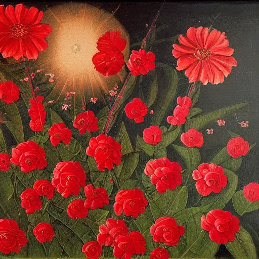 Prompt: painting of many various red flowers on a dark background, painted by Sandro Botticelli, the flowers are floating and are seen from the side, dark atmosphere, realistic flowers oil painting