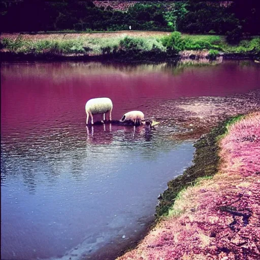 Image similar to “pink sheep by river”