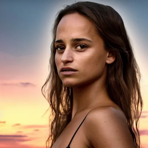 Prompt: alicia vikander. facing away from us. watches sunset. perfect anatomy. meticulous detail
