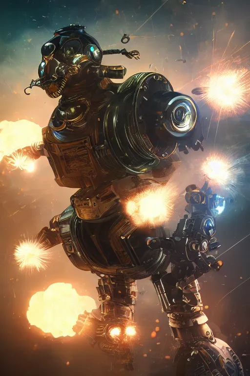 Prompt: chrome colored steampunk robot with electric particle effects, dynamic, action pose, digital painting, WLOP, trending on artstation, 8k, epic composition, highly detailed, sharp focus