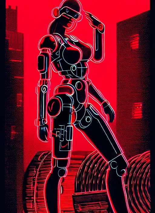 Prompt: Cyberpunk Barbie | Cyborg in Red surrounded by cables | 19th century wood-engraving , whole page illustration , rule of third, art in the style of greg rutkowski and thomas kinkade and Larry Elmore