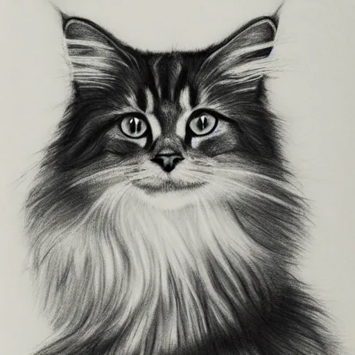 Image similar to long - haired siberian cat, illustration, charcoal, coulson, peter