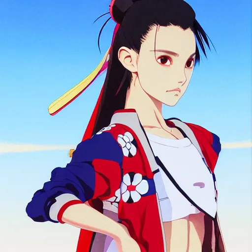 Image similar to a beautiful japanese natalie portman gravure model, wearing oversized native designer bomber jacket and leotard, bulky poofy bomber jacket with mesoamerican patterns, mesoamerican native street fashion, gapmoe yandere grimdark, trending on pixiv fanbox, painted by greg rutkowski makoto shinkai takashi takeuchi studio ghibli, akihiko yoshida