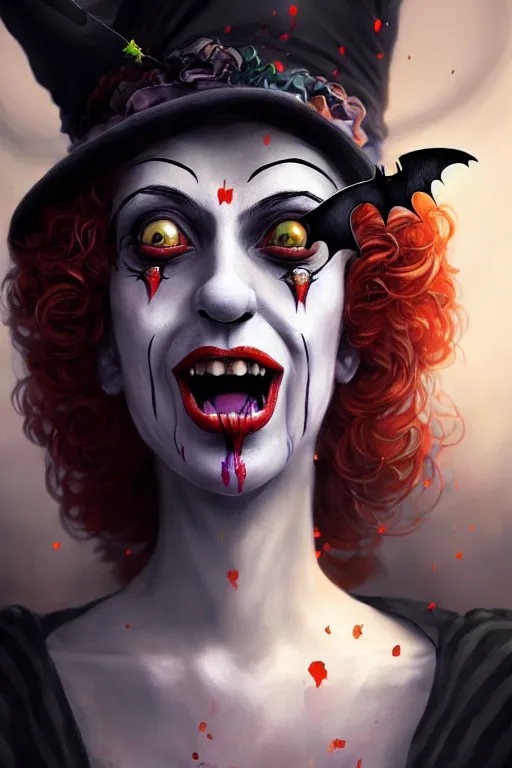 Image similar to beautiful ancient witch with clown face uses bat magic, highly detailed, digital painting, artstation, sharp focus, illustration, art by tan zi and ayanamikodon and alphonse and wlop