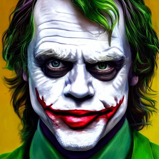 Image similar to oil painting portrait of mark hamill. the joker, jeri robes. artgerm, artstation, highly detailed, portrait