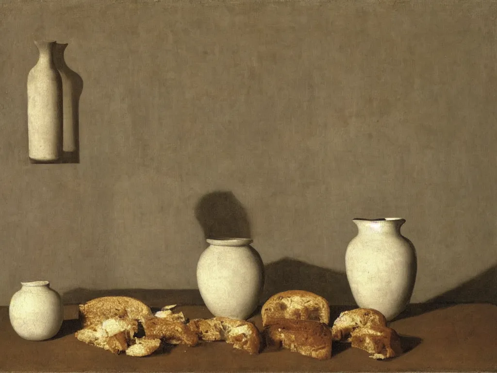 Image similar to Still life with moldy bread, fungus, white vase, ceramic pot. Painting by Zurbaran, Hammershoi, Morandi