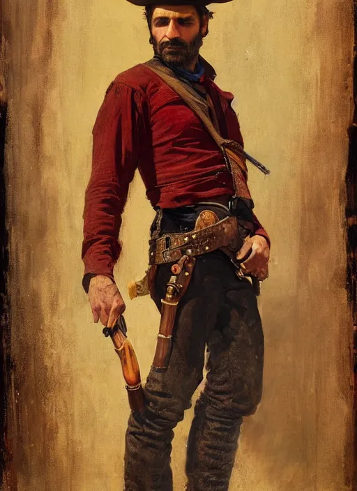 Image similar to Old west circus trickshooter (rdr2). Iranian orientalist portrait by john william waterhouse and Edwin Longsden Long and Theodore Ralli and Nasreddine Dinet, oil on canvas. Cinematic, hyper realism, realistic proportions, dramatic lighting, high detail 4k