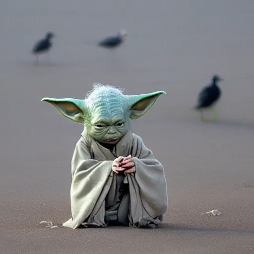 Prompt: sad real life Yoda on a beach, seagulls pecking Yoda’s head