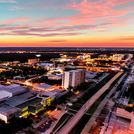 Prompt: an overview from 500 feet in the air of a small coastal Florida town at night, a still from an anime movie, clouds in the sky, downtown in the distance