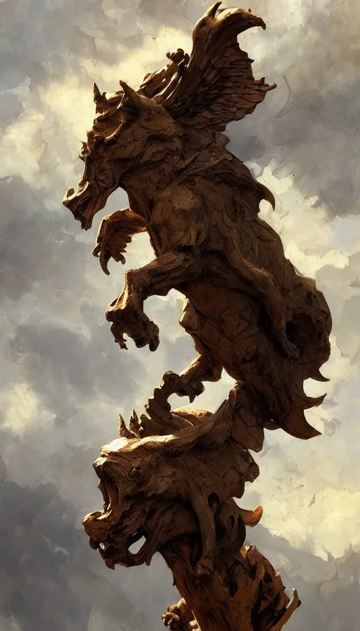 Image similar to wooden gargoyle profiles, paint texture, digital painting, highly detailed, artstation, sharp focus, sunlit, painted by ruan jia, raymond swanland, lawrence alma tadema, zdzislaw beksinski, norman rockwell, jack kirby, tom lovell, alex malveda, greg staples