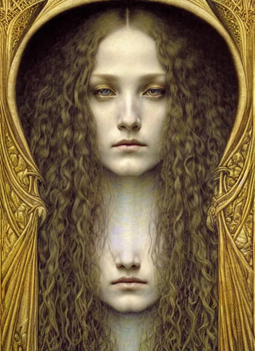 Image similar to detailed realistic beautiful young medieval queen face portrait by jean delville, gustave dore and marco mazzoni, art nouveau, symbolist, visionary, gothic, pre - raphaelite. horizontal symmetry