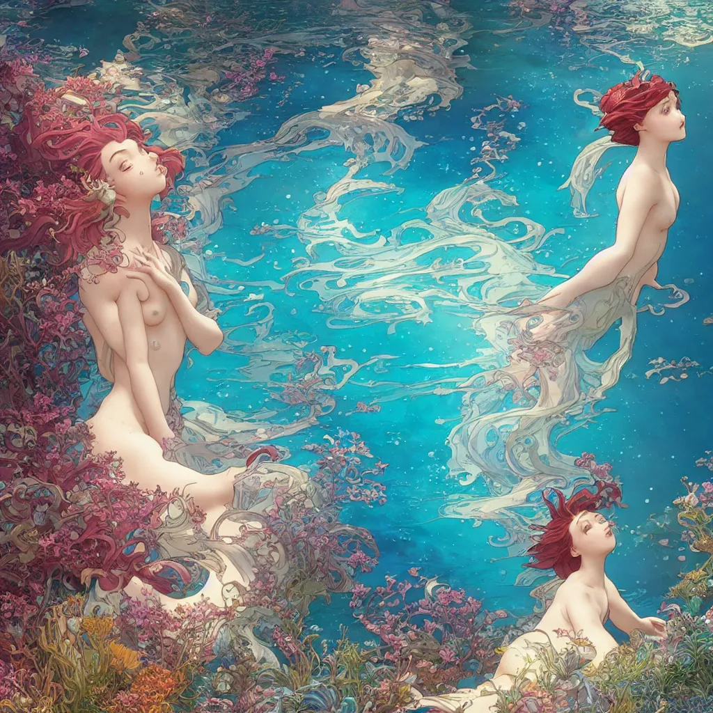 Image similar to the little mermaid sings in the colorful ocean, kamakura scenery, detailed and intricate environment, pearls and shells, fantasy art by ferdinand knab, makoto shinkai and ilya kuvshinov, rossdraws, tom bagshaw, alphonse mucha, trending onstudio ghibli, radiant light, highly detailed